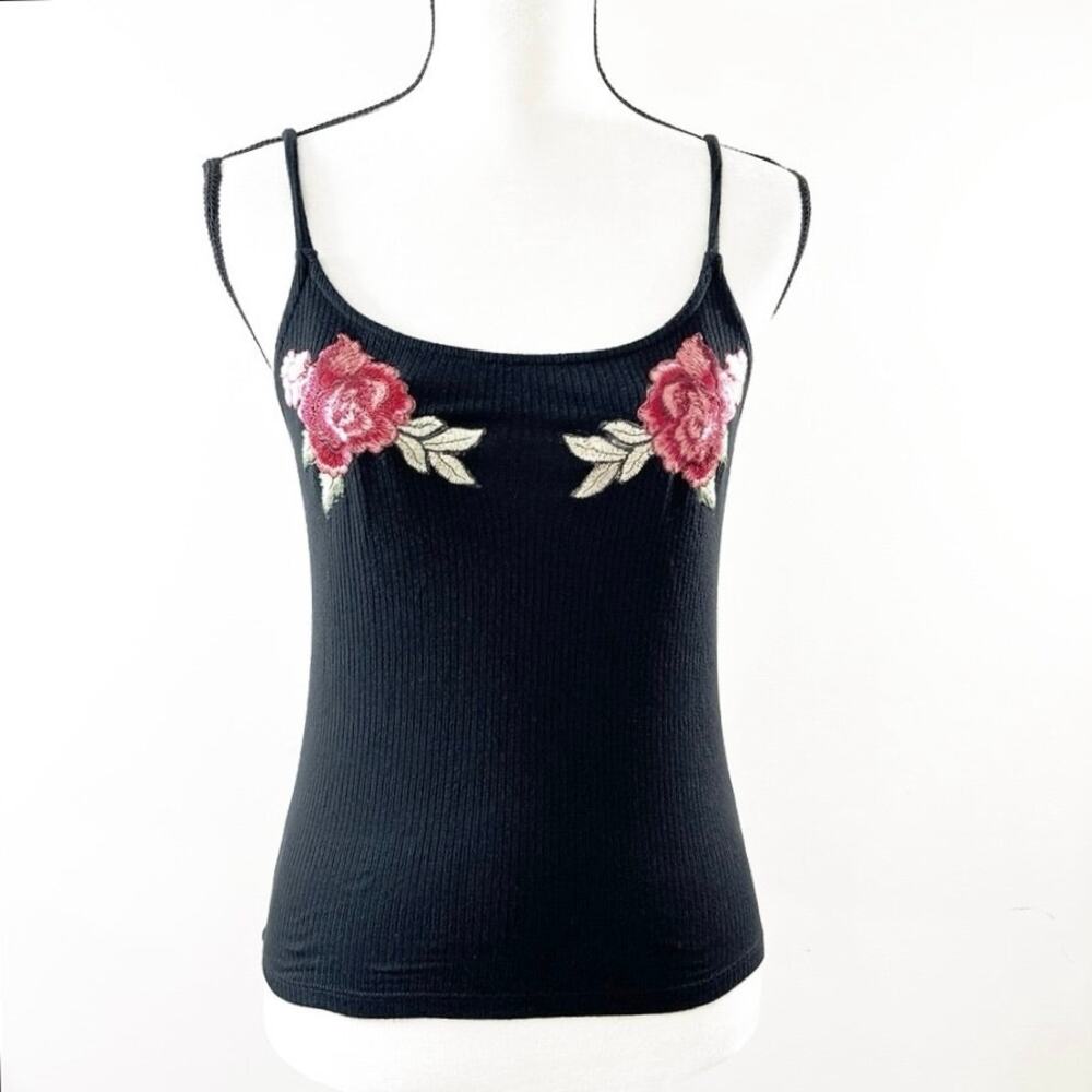 H.I.P. Black Ribbed Spaghetti Strap Tank with Floral Embroidery